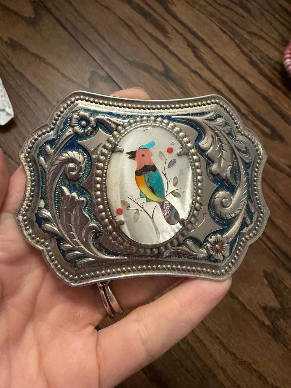 Vintage Southwestern Inlaid Stone Bird Mother Of Pearl Belt Buckle